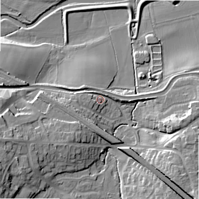 Shaded relief map of the ground around WS154BU, computed from Environment Agency LiDAR. The ground here sits at about 70 m above sea level and falls 22 m across the surrounding 800 m. Surface water reaching this point runs off ground lying to the south-south-east, 9.8 m higher.