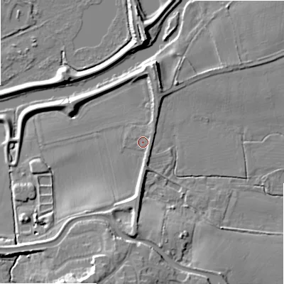 Shaded relief map of the ground around WS154DZ, computed from Environment Agency LiDAR. The ground here sits at about 63 m above sea level and falls 17 m across the surrounding 800 m. Surface water reaching this point runs off ground lying to the south, 9.9 m higher.