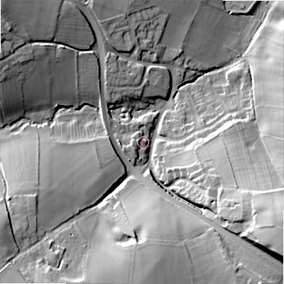 Shaded relief map of the ground around WS154PB, computed from Environment Agency LiDAR. The ground here sits at about 90 m above sea level and falls 34 m across the surrounding 800 m. Surface water reaching this point runs off ground lying to the west-south-west, 6.4 m higher.