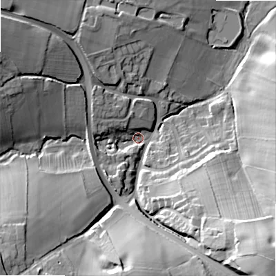 Shaded relief map of the ground around WS154PD, computed from Environment Agency LiDAR. The ground here sits at about 86 m above sea level and falls 35 m across the surrounding 800 m. Surface water reaching this point runs off ground lying to the south-east, 32.0 m higher.