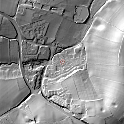 Shaded relief map of the ground around WS154PF, computed from Environment Agency LiDAR. The ground here sits at about 87 m above sea level and falls 35 m across the surrounding 800 m. Surface water reaching this point runs off ground lying to the south-south-east, 11.4 m higher.