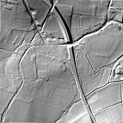 Shaded relief map of the ground around WS154QE, computed from Environment Agency LiDAR. The ground here sits at about 95 m above sea level and falls 23 m across the surrounding 800 m. Surface water reaching this point runs off ground lying to the south-south-west, 2.6 m higher.