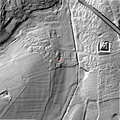 Shaded relief map of the ground around WS154TZ, computed from Environment Agency LiDAR. The ground here sits at about 74 m above sea level and falls 18 m across the surrounding 800 m. Surface water reaching this point runs off ground lying to the west-south-west, 5.1 m higher.