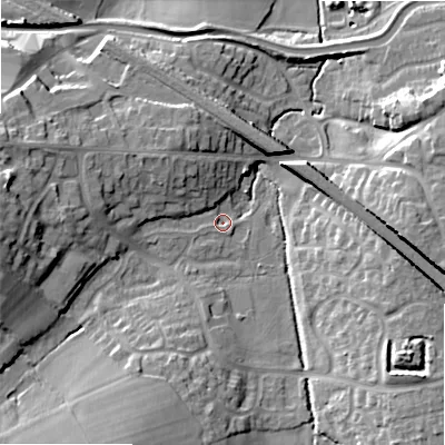 Shaded relief map of the ground around WS154UU, computed from Environment Agency LiDAR. The ground here sits at about 70 m above sea level and falls 20 m across the surrounding 800 m. Surface water reaching this point runs off ground lying to the west, 16.8 m higher.