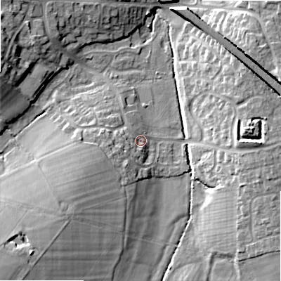 Shaded relief map of the ground around WS154UZ, computed from Environment Agency LiDAR. The ground here sits at about 74 m above sea level and falls 19 m across the surrounding 800 m. Surface water reaching this point runs off ground lying to the south-west, 9.0 m higher.