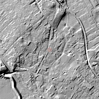 Shaded relief map of the ground around WS159FU, computed from Environment Agency LiDAR. The ground here sits at about 74 m above sea level and falls 22 m across the surrounding 800 m. Surface water reaching this point runs off ground lying to the west-south-west, 10.9 m higher.