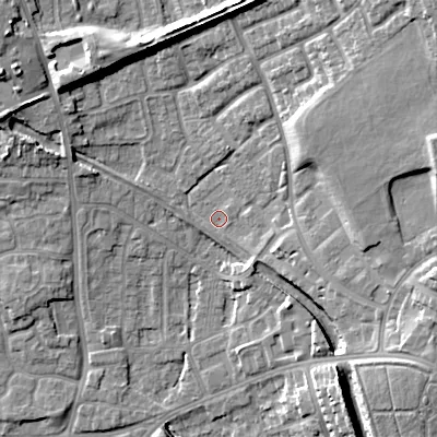 Shaded relief map of the ground around WS20AH, computed from Environment Agency LiDAR. The ground here sits at about 125 m above sea level and falls 20 m across the surrounding 800 m. Surface water reaching this point runs off ground lying to the north-east, 14.9 m higher.
