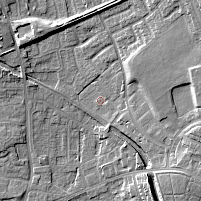 Shaded relief map of the ground around WS20AJ, computed from Environment Agency LiDAR. The ground here sits at about 125 m above sea level and falls 21 m across the surrounding 800 m. Surface water reaching this point runs off ground lying to the north-east, 16.6 m higher.