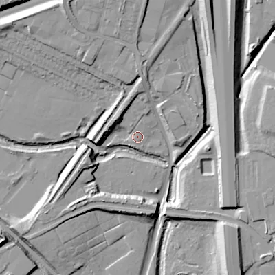 Shaded relief map of the ground around WS20BP, computed from Environment Agency LiDAR. The ground here sits at about 120 m above sea level and falls 18 m across the surrounding 800 m. Surface water reaching this point runs off ground lying to the north-north-east, 4.1 m higher.