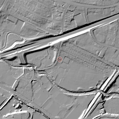 Shaded relief map of the ground around WS20DF, computed from Environment Agency LiDAR. The ground here sits at about 122 m above sea level and falls 24 m across the surrounding 800 m. Surface water reaching this point runs off ground lying to the north, 6.7 m higher.