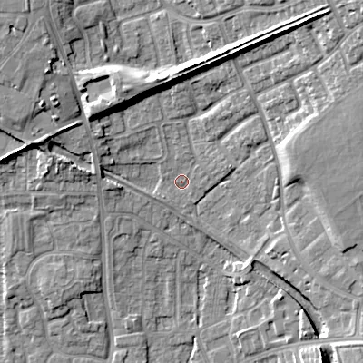 Shaded relief map of the ground around WS20NU, computed from Environment Agency LiDAR. The ground here sits at about 125 m above sea level and falls 19 m across the surrounding 800 m. Surface water reaching this point runs off ground lying to the north-east, 14.8 m higher.