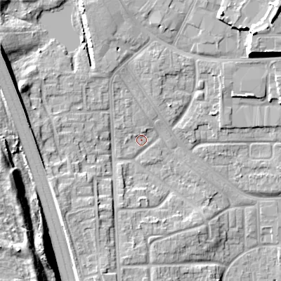 Shaded relief map of the ground around WS27DN, computed from Environment Agency LiDAR. The ground here sits at about 133 m above sea level and falls 21 m across the surrounding 800 m. Surface water reaching this point runs off ground lying to the north-north-west, 3.1 m higher.