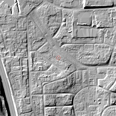 Shaded relief map of the ground around WS27EA, computed from Environment Agency LiDAR. The ground here sits at about 133 m above sea level and falls 17 m across the surrounding 800 m. Surface water reaching this point runs off ground lying to the west, 7.9 m higher.