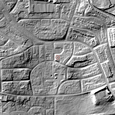 Shaded relief map of the ground around WS27EZ, computed from Environment Agency LiDAR. The ground here sits at about 133 m above sea level and falls 20 m across the surrounding 800 m. Surface water reaching this point runs off ground lying to the east-south-east, 3.8 m higher.