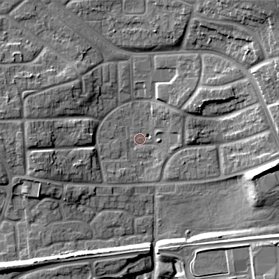 Shaded relief map of the ground around WS27HP, computed from Environment Agency LiDAR. The ground here sits at about 130 m above sea level and falls 16 m across the surrounding 800 m. Surface water reaching this point runs off ground lying to the west-south-west, 4.1 m higher.