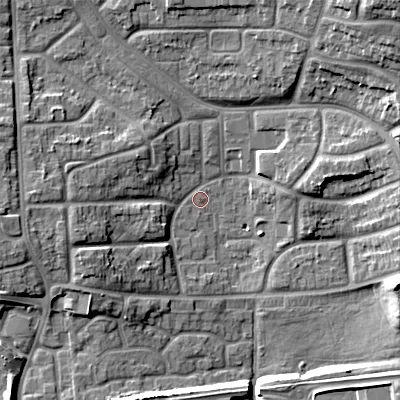 Shaded relief map of the ground around WS27HT, computed from Environment Agency LiDAR. The ground here sits at about 130 m above sea level and falls 16 m across the surrounding 800 m. Surface water reaching this point runs off ground lying to the west, 7.9 m higher.