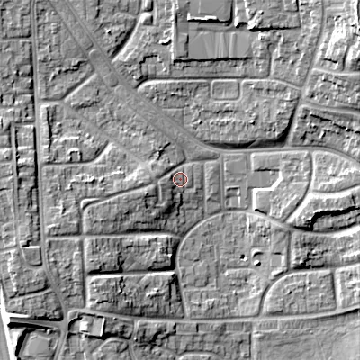 Shaded relief map of the ground around WS27JG, computed from Environment Agency LiDAR. The ground here sits at about 132 m above sea level and falls 16 m across the surrounding 800 m. Surface water reaching this point runs off ground lying to the west-south-west, 2.7 m higher.