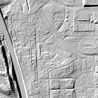Shaded relief map of the ground around WS27JH, computed from Environment Agency LiDAR. The ground here sits at about 133 m above sea level and falls 22 m across the surrounding 800 m. Surface water reaching this point runs off ground lying to the south-west, 6.8 m higher.