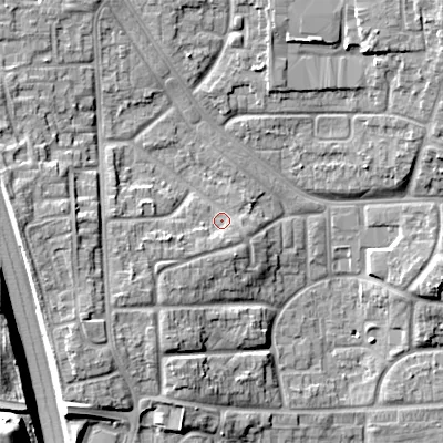 Shaded relief map of the ground around WS27JQ, computed from Environment Agency LiDAR. The ground here sits at about 133 m above sea level and falls 21 m across the surrounding 800 m. Surface water reaching this point runs off ground lying to the south-west, 4.5 m higher.