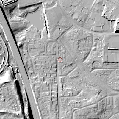 Shaded relief map of the ground around WS27JR, computed from Environment Agency LiDAR. The ground here sits at about 134 m above sea level and falls 21 m across the surrounding 800 m. Surface water reaching this point runs off ground lying to the north-west, 14.6 m higher.