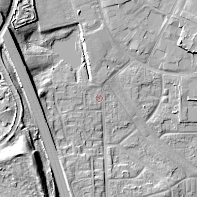 Shaded relief map of the ground around WS27JU, computed from Environment Agency LiDAR. The ground here sits at about 135 m above sea level and falls 20 m across the surrounding 800 m. Surface water reaching this point runs off ground lying to the north-north-west, 2.0 m higher.