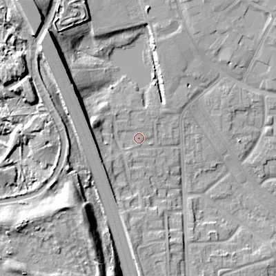 Shaded relief map of the ground around WS27LP, computed from Environment Agency LiDAR. The ground here sits at about 136 m above sea level and falls 19 m across the surrounding 800 m. Surface water reaching this point runs off ground lying to the west-north-west, 7.6 m higher.