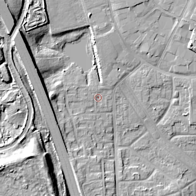 Shaded relief map of the ground around WS27LR, computed from Environment Agency LiDAR. The ground here sits at about 135 m above sea level and falls 20 m across the surrounding 800 m. Surface water reaching this point runs off ground lying to the north-west, 14.4 m higher.