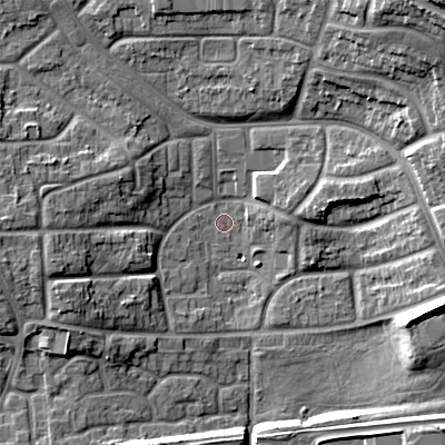 Shaded relief map of the ground around WS27LS, computed from Environment Agency LiDAR. The ground here sits at about 130 m above sea level and falls 18 m across the surrounding 800 m. Surface water reaching this point runs off ground lying to the north-east, 15.7 m higher.