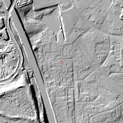 Shaded relief map of the ground around WS27LW, computed from Environment Agency LiDAR. The ground here sits at about 136 m above sea level and falls 21 m across the surrounding 800 m. Surface water reaching this point runs off ground lying to the north-west, 14.4 m higher.