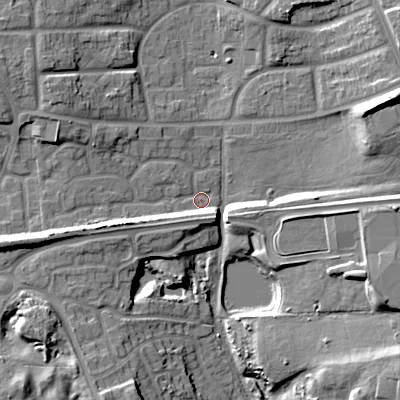 Shaded relief map of the ground around WS27RL, computed from Environment Agency LiDAR. The ground here sits at about 129 m above sea level and falls 17 m across the surrounding 800 m. Surface water reaching this point runs off ground lying to the west-south-west, 9.6 m higher.
