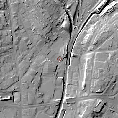 Shaded relief map of the ground around WS28AA, computed from Environment Agency LiDAR. The ground here sits at about 122 m above sea level and falls 18 m across the surrounding 800 m. Surface water reaching this point runs off ground lying to the west-north-west, 12.8 m higher.