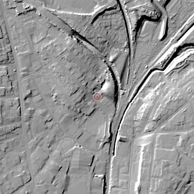 Shaded relief map of the ground around WS28AU, computed from Environment Agency LiDAR. The ground here sits at about 125 m above sea level and falls 18 m across the surrounding 800 m. Surface water reaching this point runs off ground lying to the north-north-west, 10.2 m higher.