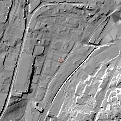 Shaded relief map of the ground around WS29DX, computed from Environment Agency LiDAR. The ground here sits at about 118 m above sea level and falls 26 m across the surrounding 800 m. Surface water reaching this point runs off ground lying to the north-west, 9.6 m higher.