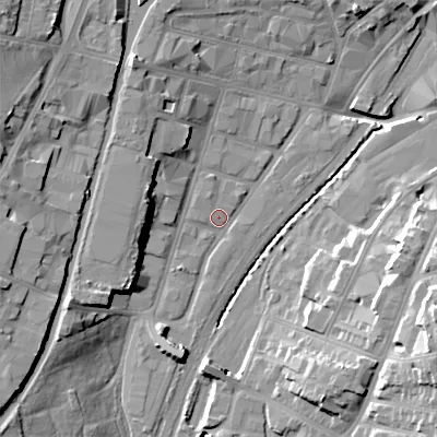 Shaded relief map of the ground around WS29DY, computed from Environment Agency LiDAR. The ground here sits at about 118 m above sea level and falls 22 m across the surrounding 800 m. Surface water reaching this point runs off ground lying to the west-south-west, 10.7 m higher.