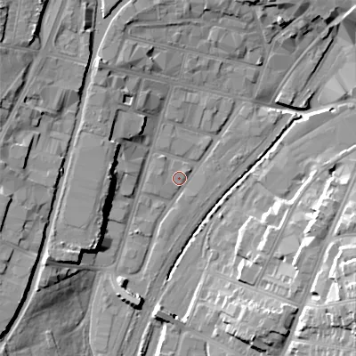 Shaded relief map of the ground around WS29DZ, computed from Environment Agency LiDAR. The ground here sits at about 118 m above sea level and falls 24 m across the surrounding 800 m. Surface water reaching this point runs off ground lying to the north-west, 9.8 m higher.