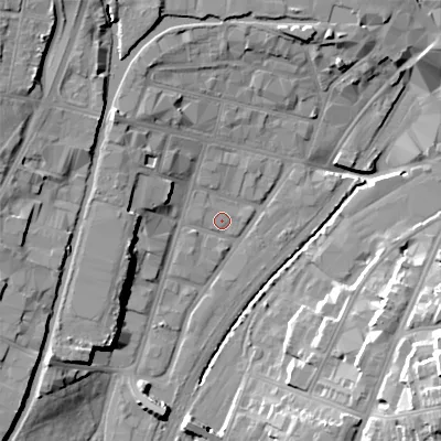 Shaded relief map of the ground around WS29EB, computed from Environment Agency LiDAR. The ground here sits at about 118 m above sea level and falls 26 m across the surrounding 800 m. Surface water reaching this point runs off ground lying to the north-west, 1.1 m higher.