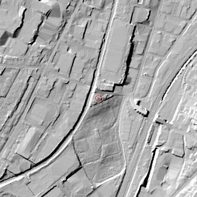 Shaded relief map of the ground around WS29EG, computed from Environment Agency LiDAR. The ground here sits at about 125 m above sea level and falls 28 m across the surrounding 800 m. Surface water reaching this point runs off ground lying to the north-north-west, 3.4 m higher.