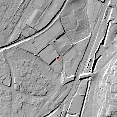 Shaded relief map of the ground around WS29HQ, computed from Environment Agency LiDAR. The ground here sits at about 118 m above sea level and falls 24 m across the surrounding 800 m. Surface water reaching this point runs off ground lying to the west, 7.6 m higher.