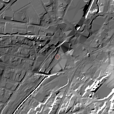 Shaded relief map of the ground around WS29JS, computed from Environment Agency LiDAR. The ground here sits at about 117 m above sea level and falls 34 m across the surrounding 800 m. Surface water reaching this point runs off ground lying to the north-west, 15.4 m higher.