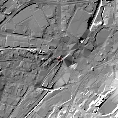 Shaded relief map of the ground around WS29JY, computed from Environment Agency LiDAR. The ground here sits at about 122 m above sea level and falls 34 m across the surrounding 800 m. Surface water reaching this point runs off ground lying to the north-north-west, 12.5 m higher.