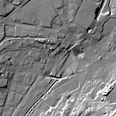 Shaded relief map of the ground around WS29JZ, computed from Environment Agency LiDAR. The ground here sits at about 119 m above sea level and falls 27 m across the surrounding 800 m. Surface water reaching this point runs off ground lying to the north-west, 12.7 m higher.