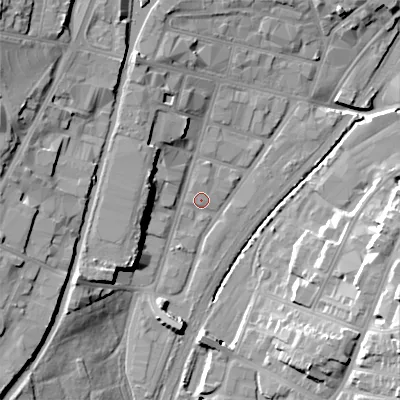 Shaded relief map of the ground around WS29LR, computed from Environment Agency LiDAR. The ground here sits at about 118 m above sea level and falls 23 m across the surrounding 800 m. Surface water reaching this point runs off ground lying to the south-south-west, 1.1 m higher.