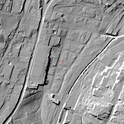 Shaded relief map of the ground around WS29NT, computed from Environment Agency LiDAR. The ground here sits at about 118 m above sea level and falls 23 m across the surrounding 800 m. Surface water reaching this point runs off ground lying to the north-north-west, 9.1 m higher.