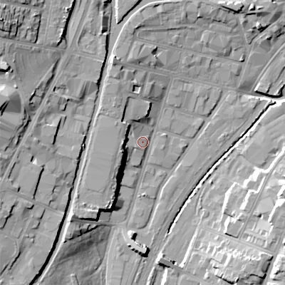 Shaded relief map of the ground around WS29NU, computed from Environment Agency LiDAR. The ground here sits at about 119 m above sea level and falls 26 m across the surrounding 800 m. Surface water reaching this point runs off ground lying to the north-north-west, 9.0 m higher.