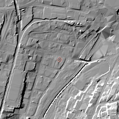 Shaded relief map of the ground around WS29NW, computed from Environment Agency LiDAR. The ground here sits at about 119 m above sea level and falls 27 m across the surrounding 800 m. Surface water reaching this point runs off ground lying to the west-north-west, 8.6 m higher.