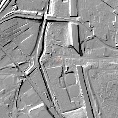 Shaded relief map of the ground around WS29SF, computed from Environment Agency LiDAR. The ground here sits at about 117 m above sea level and falls 18 m across the surrounding 800 m. Surface water reaching this point runs off ground lying to the north-east, 12.2 m higher.