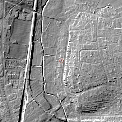 Shaded relief map of the ground around WS34BN, computed from Environment Agency LiDAR. The ground here sits at about 131 m above sea level and falls 13 m across the surrounding 800 m. Surface water reaching this point runs off ground lying to the east, 1.5 m higher.
