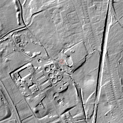 Shaded relief map of the ground around WS34DW, computed from Environment Agency LiDAR. The ground here sits at about 131 m above sea level and falls 21 m across the surrounding 800 m. Surface water reaching this point runs off ground lying to the west-south-west, 15.4 m higher.