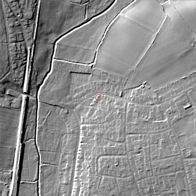 Shaded relief map of the ground around WS41BG, computed from Environment Agency LiDAR. The ground here sits at about 134 m above sea level and falls 14 m across the surrounding 800 m. Surface water reaching this point runs off ground lying to the east-south-east, 9.5 m higher.