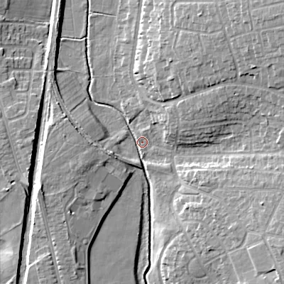 Shaded relief map of the ground around WS41DB, computed from Environment Agency LiDAR. The ground here sits at about 129 m above sea level and falls 15 m across the surrounding 800 m. Surface water reaching this point runs off ground lying to the north-east, 10.2 m higher.